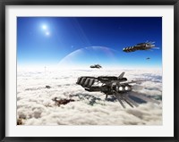 Framed Five medium freighters deccelerate near their destination