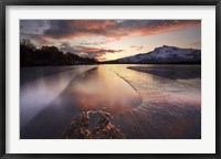 Framed frozen Straumen Lake on Tjeldoya Island in Nordland County, Norway