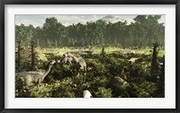 Framed Lurdusaurus and Nigersaurus dinosaurs grazing a prehistoric forest