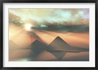 Framed Sunrays shine down on three pyramids along the Nile River on the Giza Plateau