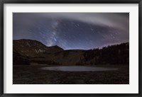 Framed Star trails and the blurred band of the Milky Way above a lake in the Eastern Sierra Nevada
