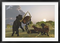 Framed pack of Saber Tooth Cats attack a small Woolly Mammoth