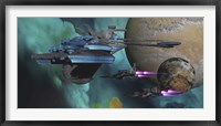 Spacecraft return to a spaceport in orbit around an alien planet Framed Print