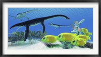 Framed school of Lemonpeel Angelfish swim by Plesiosaurus dinosaurs