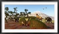 Framed family of Saber Toothed Tigers watch a herd of Woolly Mammoths