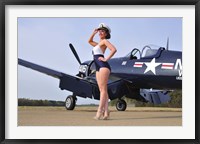 Framed 1940's Navy pin-up girl posing with a vintage Corsair aircraft