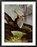 Framed Archaeopteryx on a log above a stream