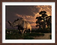 Framed Megacerops grazing a prehistoric landscape