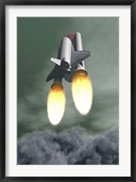 Framed Space shuttle taking off amongst grey smoke and clouds