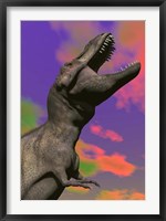 Framed Tyrannosaurus Rex roaring against a colorful sky