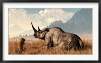 Framed marmot approaches an old and grey woolly rhinocerous