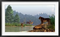 Framed saber-toothed cat looks across a river at a family of deer