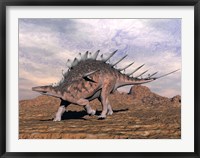 Framed Kentrosaurus dinosaur walking in the desert