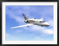 Framed Private jet plane flying in cloudy blue sky