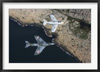 Framed Saab J 29 Flying Barrel and Hawker Hunter vintage jet fighters of the Swedish Air Force