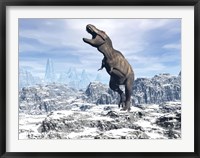 Framed Tyrannosaurus Rex dinosaur in a snowy landscape