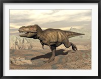 Framed Tyrannosaurus Rex dinosaur running across rocky terrain