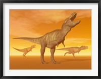 Framed Tyrannosaurus Rex dinosaurs in an orange foggy desert by sunset