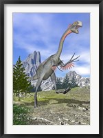 Framed Gigantoraptor dinosaur running in the mountains