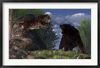 Framed saber-toothed cat leaps at a grizzly bear on a mountain path