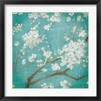 Framed 'White Cherry Blossoms I on Blue Aged No Bird' border=