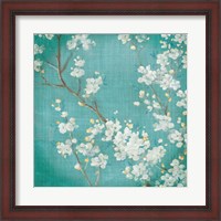 Framed 'White Cherry Blossoms II on Blue Aged No Bird' border=