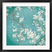 Framed 'White Cherry Blossoms II on Blue Aged No Bird' border=