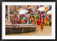 Framed Worshipping Pilgrims on Ganges River, Varanasi, India