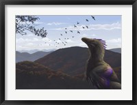 Framed Velociraptor in an autumn landscape