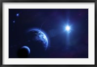 Framed Planet Earth and its moon in outer space