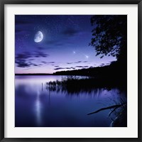 Framed Tranquil lake against starry sky, moon and falling meteorites, Russia