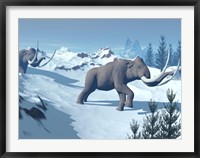 Framed Two large mammoths walking slowly on the snowy mountain