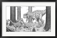 Framed Ceratosaurus Chasing Young Apatosaurus Dinosaurs
