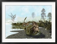 Framed Velociraptor is attacking a Protoceratops