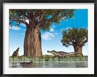 Framed Kaprosuchus crocodyliforms near a baobab tree in a prehistoric landscape