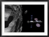 Framed Manned Maneuvering Vehicle descends toward the surface of a small asteroid
