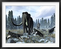 Framed pack of dire wolves crosses paths with two mammoths during the Upper Pleistocene Epoch