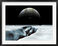 Framed Crescent Jupiter and Volcanic Satellite, Io, Hover over the Horizon of the Icy Moon of Europa