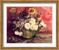 Framed Sunflowers, Roses and other Flowers in a Bowl, 1886