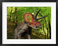 Framed Colorful Triceratops Wanders a Cretaceous Forest