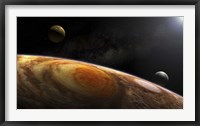 Framed Jupiter's Moons Lo and Europa hover over the Great Red Spot on Jupiter