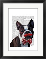 Framed Boston Terrier Portrait with Red Bow Tie and Moustache
