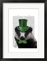 Badger with Green Top Hat and Moustache Framed Print