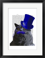 Grey Cat With Blue Top Hat and Blue Moustache Framed Print