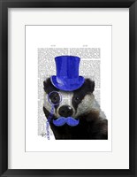 Framed Badger with Blue Top Hat and Moustache