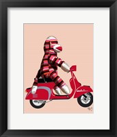 Sock Monkey on Red Moped Framed Print