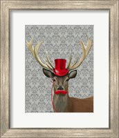 Framed Deer With Red Hat and Moustache