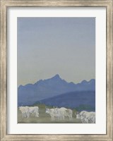 Framed Three Pairs of White Bulls in Front of the Mountains