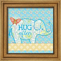 Framed 'Blue Elephant I - Hug Often' border=