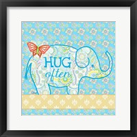 Framed 'Blue Elephant I - Hug Often' border=